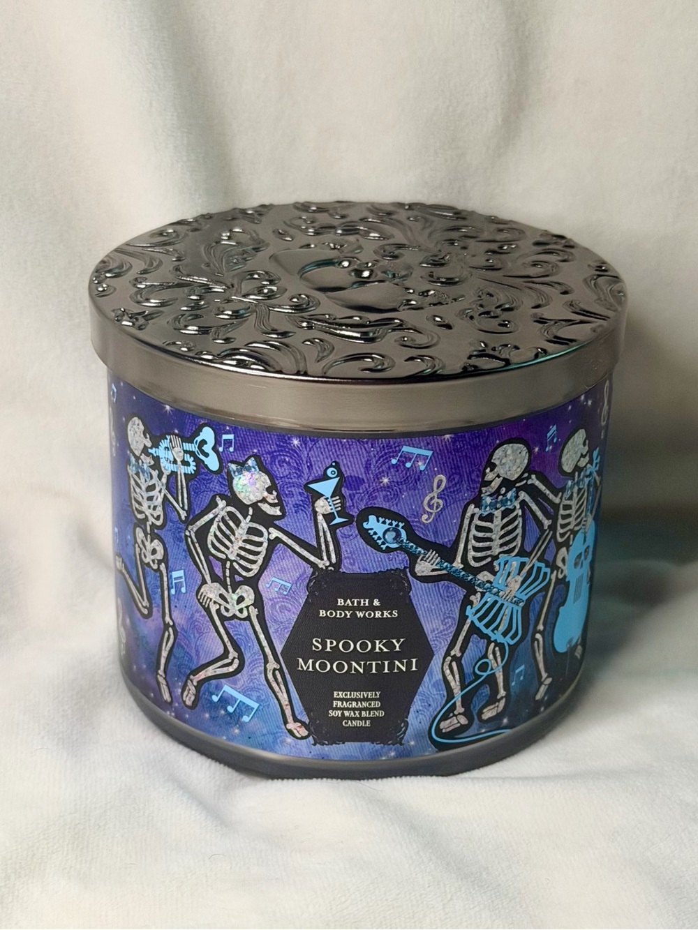 Bath & Body Works Spooky Moontini 3-Wick Candle Halloween Skeleton Lid NWT